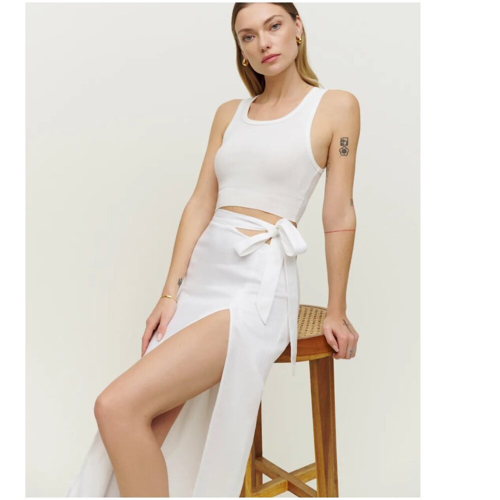 NWT Reformation Renne Linen Skirt size 12 L large white tie cut out slit midi